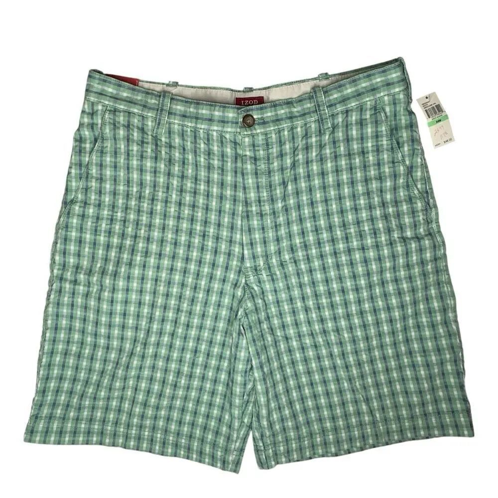 IZOD Men 34 Shorts Green Seersucker Plaid Luxury Sport Chino Golf Flat 9" Inseam